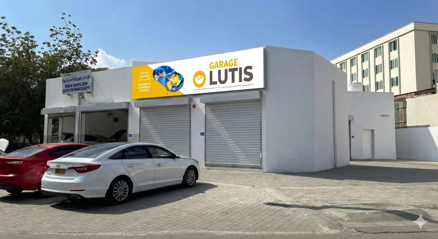 Garage Lutis building exterior with signage in Muscat, Oman